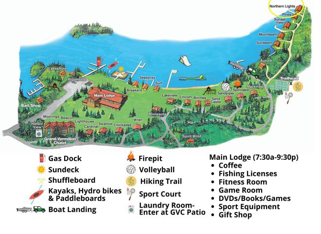 Resort map with Northern Lights circled, located on our secluded point area.