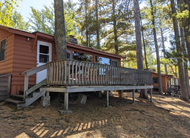 Pines and deck area with charcoal grill, picnic table, and overlooks the lake.