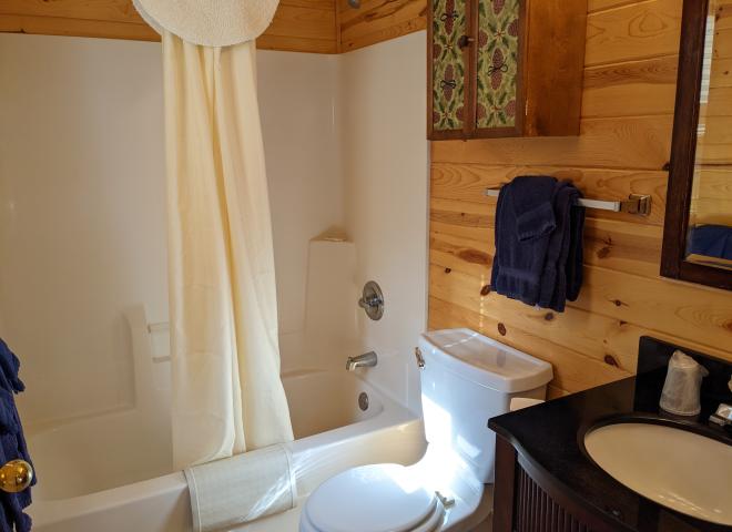 Master bathroom with a standard tub/shower.