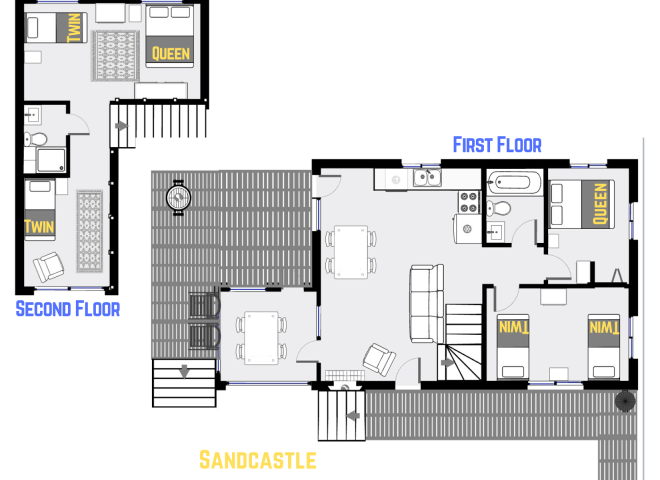 Sandcastle's floor plan showing two levels, two bedrooms plus loft bedroom, and two bathrooms.