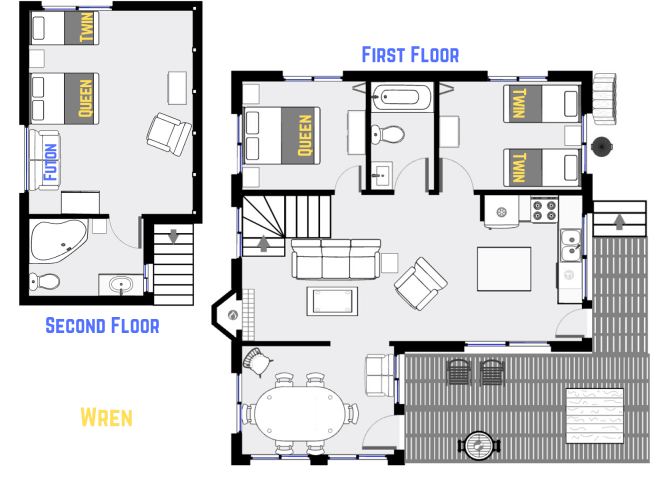 Wren's floor plan showing two levels, two bedrooms plus loft bedroom, and two bathrooms.