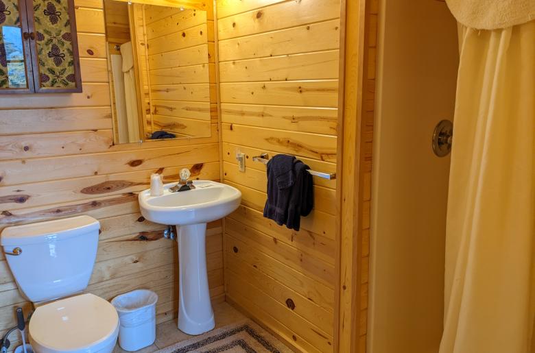 Main floor bathroom with a wide door and easy access shower and sink.