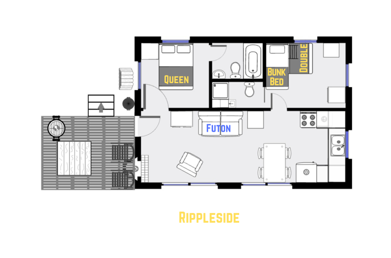 Rippleside's floor plan showing one level, two bedrooms, and two bathrooms.
