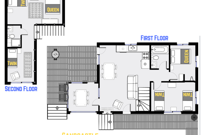 Sandcastle's floor plan showing two levels, two bedrooms plus loft bedroom, and two bathrooms.