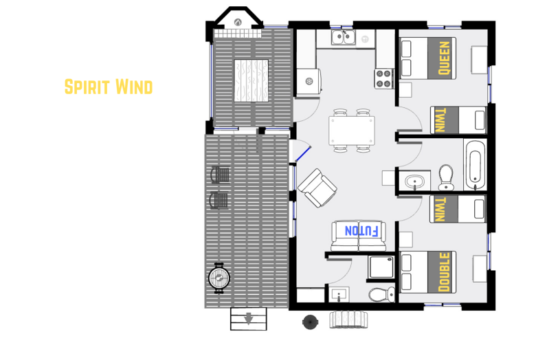 Spirit Wind's floor plan showing one level, two bedrooms and two bathrooms.