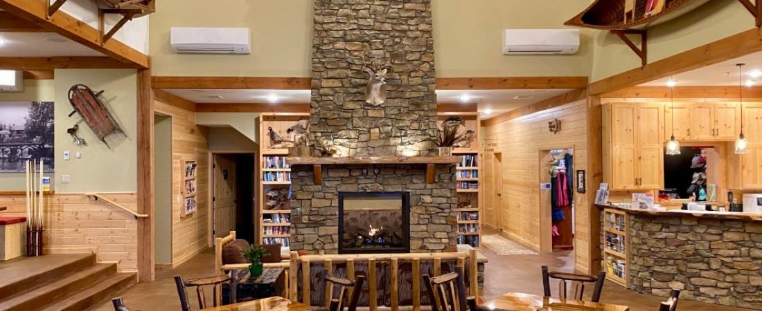 The fireplace in the Main Lodge at Pehrson Lodge on Lake Vermilion