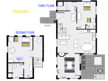 Chickadee's floor plan with two levels, two bedrooms, and two bathrooms.
