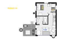 Moonbeam's floor plan showing one level, one bedroom, and one bathroom.
