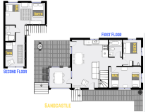 Sandcastle's floor plan showing two levels, two bedrooms plus loft bedroom, and two bathrooms.