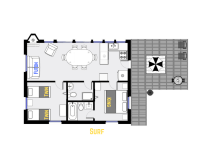 Surf's floor plan showing one level, two bedrooms, and two bathrooms.