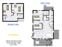 Lighthouse's floor plan showing two levels, four bedrooms, and three bathrooms.