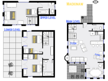 Mackinaw's floor plan showing three levels, three bedrooms, and two and half bathrooms.