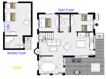 Wren's floor plan showing two levels, two bedrooms plus loft bedroom, and two bathrooms.